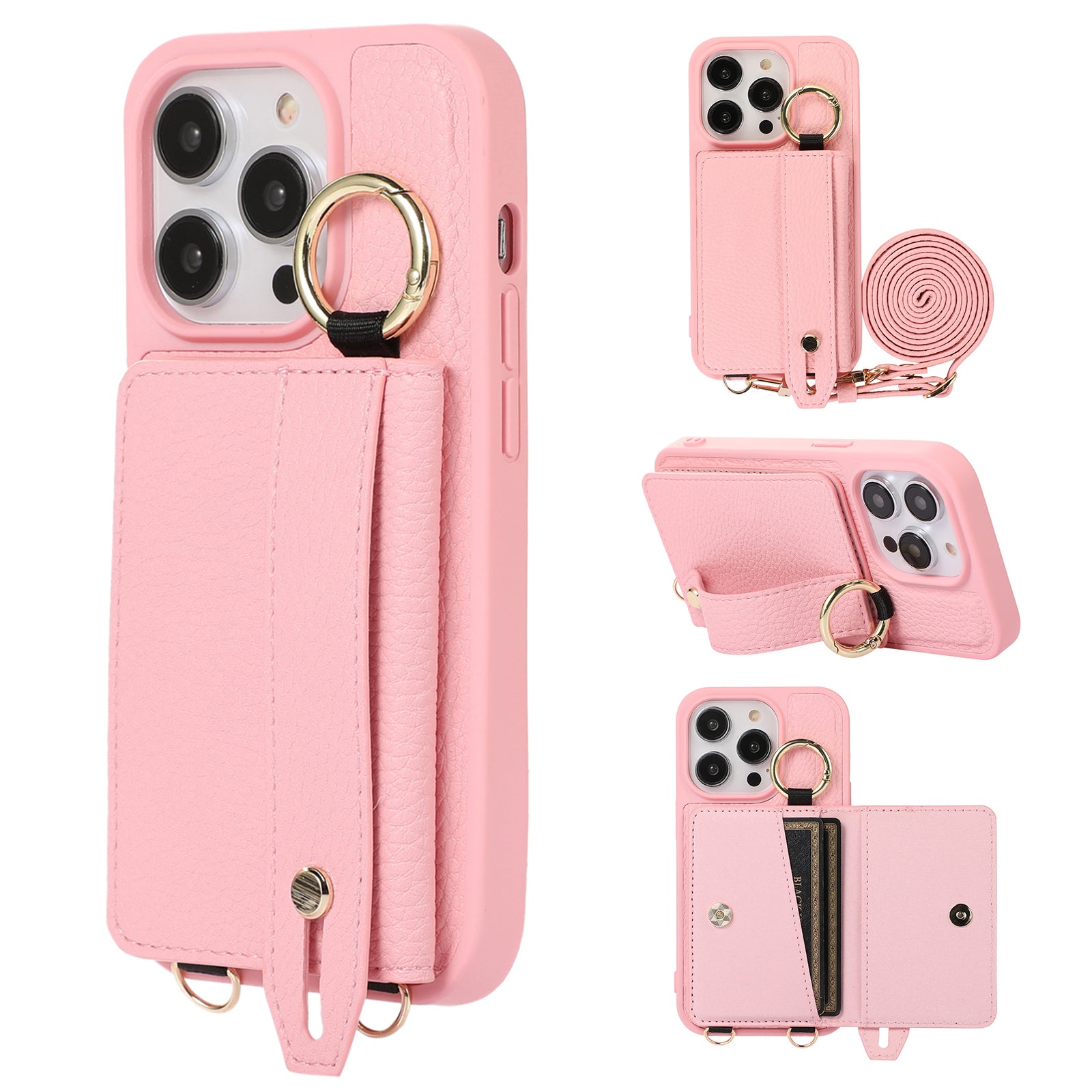For iPhone 14 Pro Max Hand Strap Kickstand Phone Case Card Holder Leather TPU Cover with Shoulder Strap For iPhone 14 Pro Max Hand Strap Kickstand Phone Case Card Holder Leather TPU Cover with Shoulder Strap